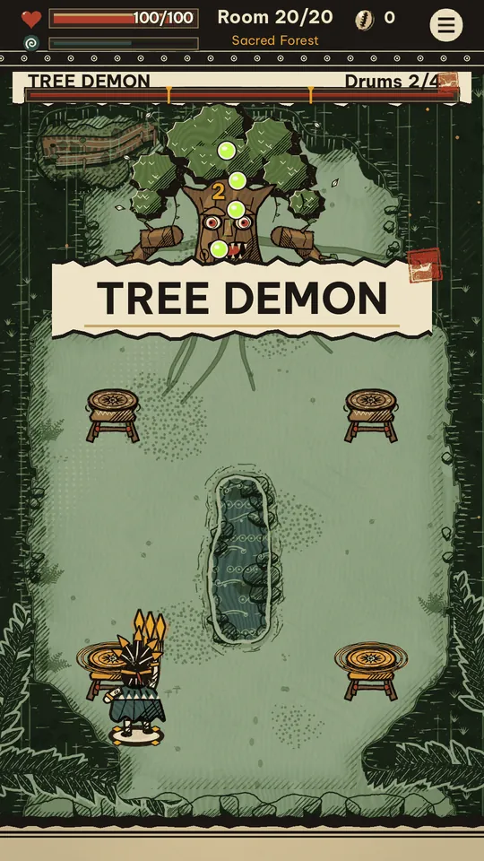 The Tree Demon among four bronze drums in the Sacred Forest