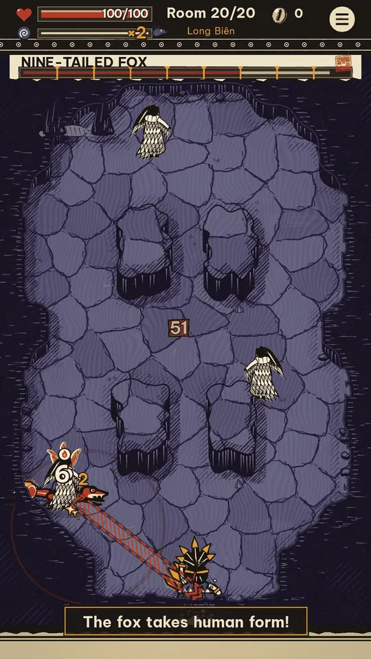 The Nine-Tailed Fox fight: the fox takes human form among violet stone pillars