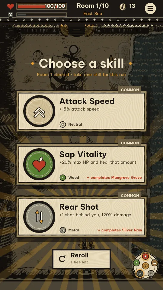 Choosing one of three skill cards